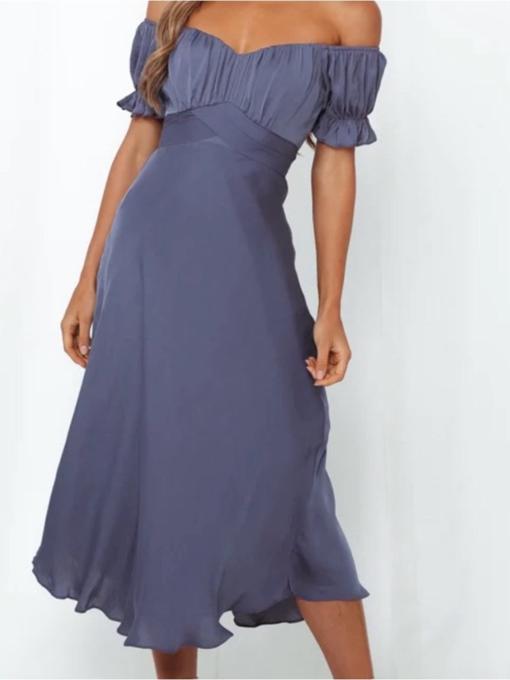 Hello Molly Slate Blue Off-Shoulder Midi Dress